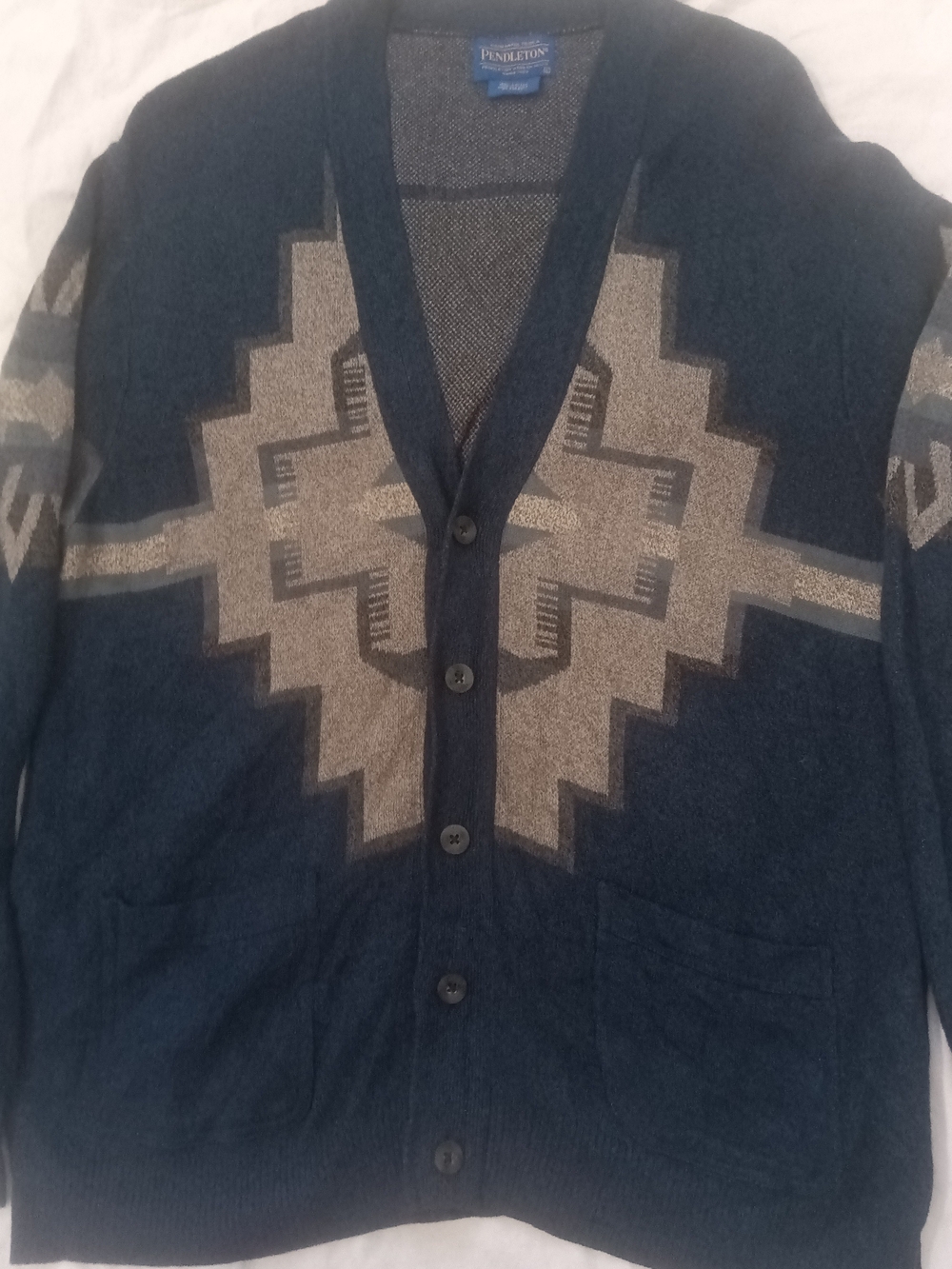 Pendleton Men's Large Blue Gray Cotton Aztec Cardigan Sweater 2 Pockets